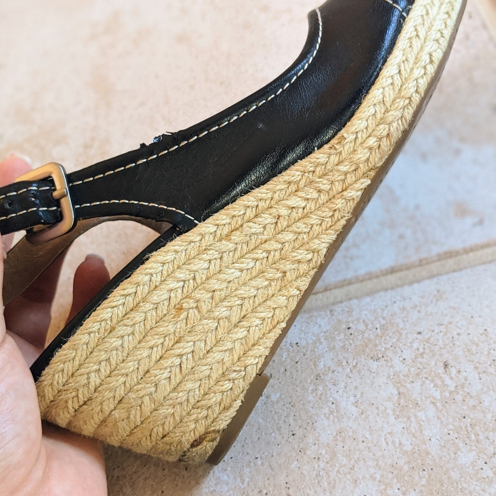Black Franco Sarto Leather Wedge Peep Toe Sandal 7 - Picture 8 of 8